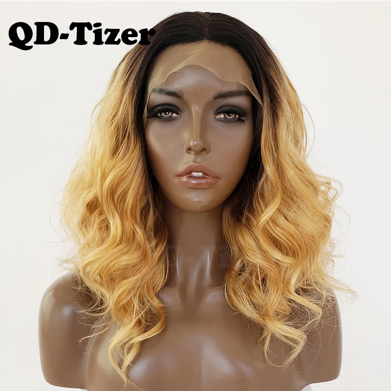

QD-Tizer Ombre Blonde Loose Wave Synthetic Lace Front Wig Short Lob Hair Glueless with Baby Hair Lace Front Wigs for Black Women