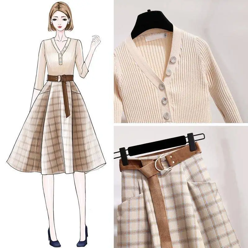 

ICHOIX Kintted sweater 2 piece skirt set with belt two piece outfits winter clothes 2 pcs vintage office women 2 piece set