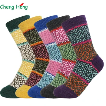 

Cheng Heng 5 pairs/bag Women's Rabbit Wool Spring Winter Thick Warm Socks Soft Casual Fashion Bright 5 Color Plaid pattern Sock