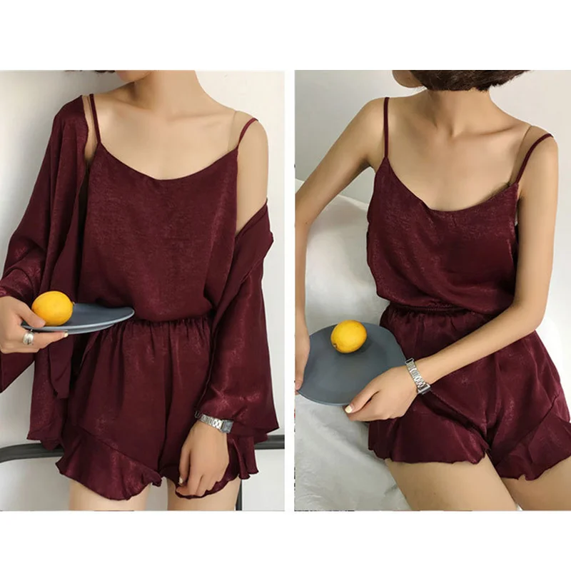 

Women 4pcs/set Summer V-Neck Satin Pajamas Vest Short Panties Nightwear Set FDC99
