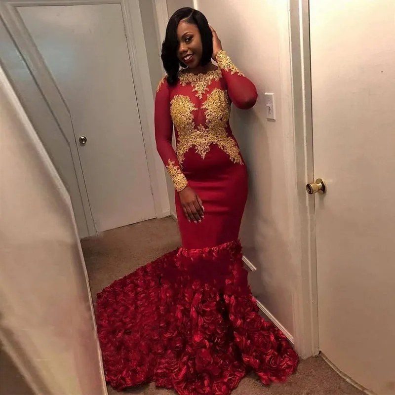 

African Black Girls Burgundy Mermaid Prom Dresses 2019 Sexy Sheer Long Sleeve Gold Lace Women Party Gowns With 3D Flowers Train
