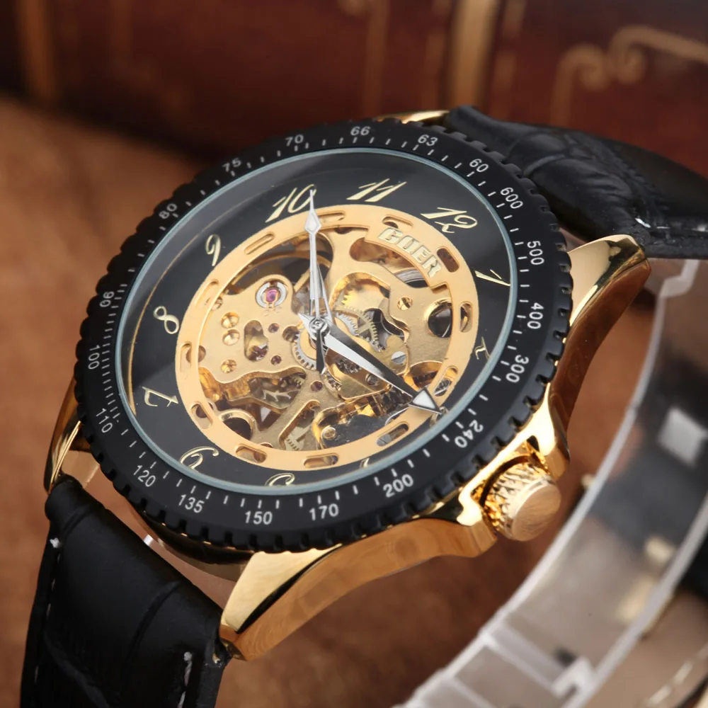 

GOER Top Brand Luxury Gold Mechanical Watch PU Leather Strap Automatic Self-wind Wrist Watches Men Wristwatch Relogio Masculino