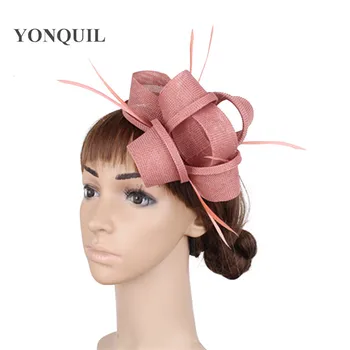 

Dark peach hair accessories fascinator hats women wedding with feather imitation sinamay ladies party headbands 2018 New arrival