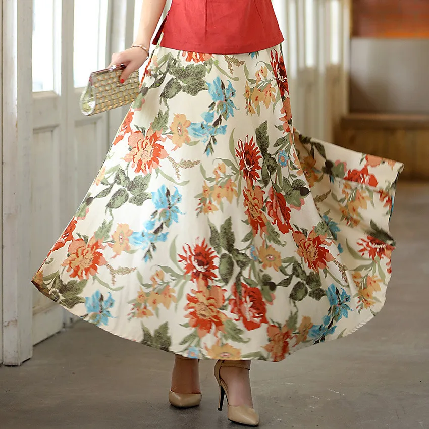 Женская длинная юбка с цветочным принтом повседневная льняная свободного покроя
