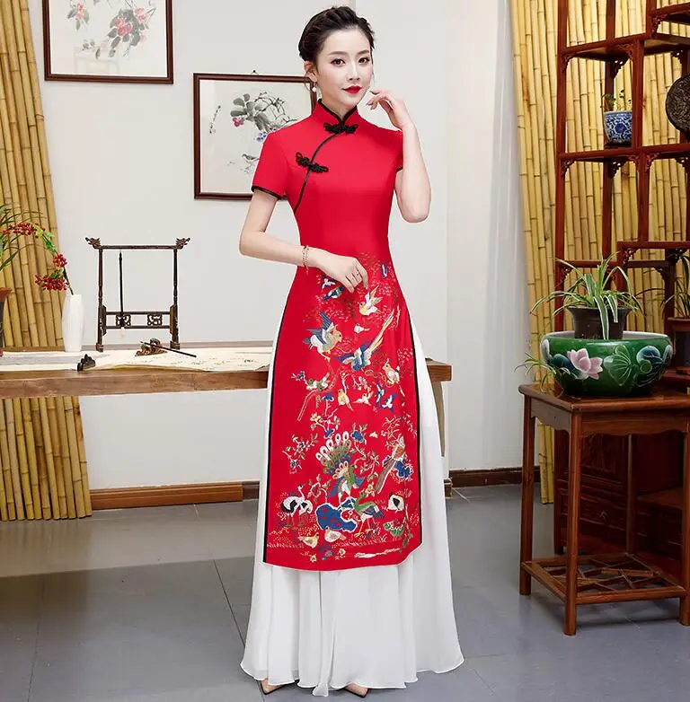 Чёрное длинное платье туника AO Dai в традиционном китайском стиле вечернее