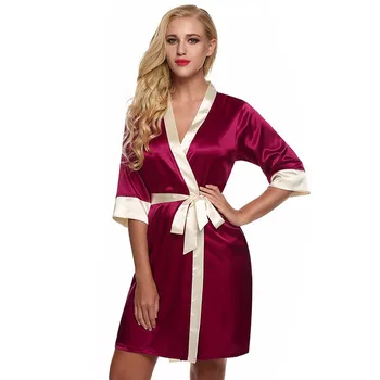 

Women Silk Satin Short Night Lace Robe Solid Kimono Robe Bath Robe Bathrobe Femme Nightwear