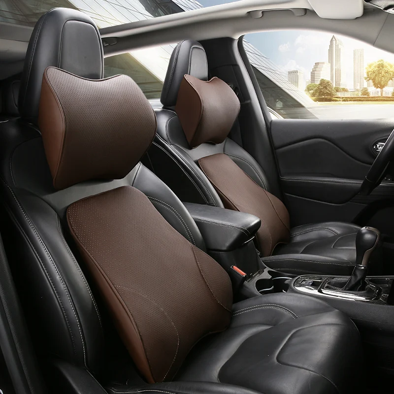 

Leather Car Auto Seat Supports Back Cushion And Headrest Neck Pillow Memory Foam Lumbar Back Support Interior Accessories