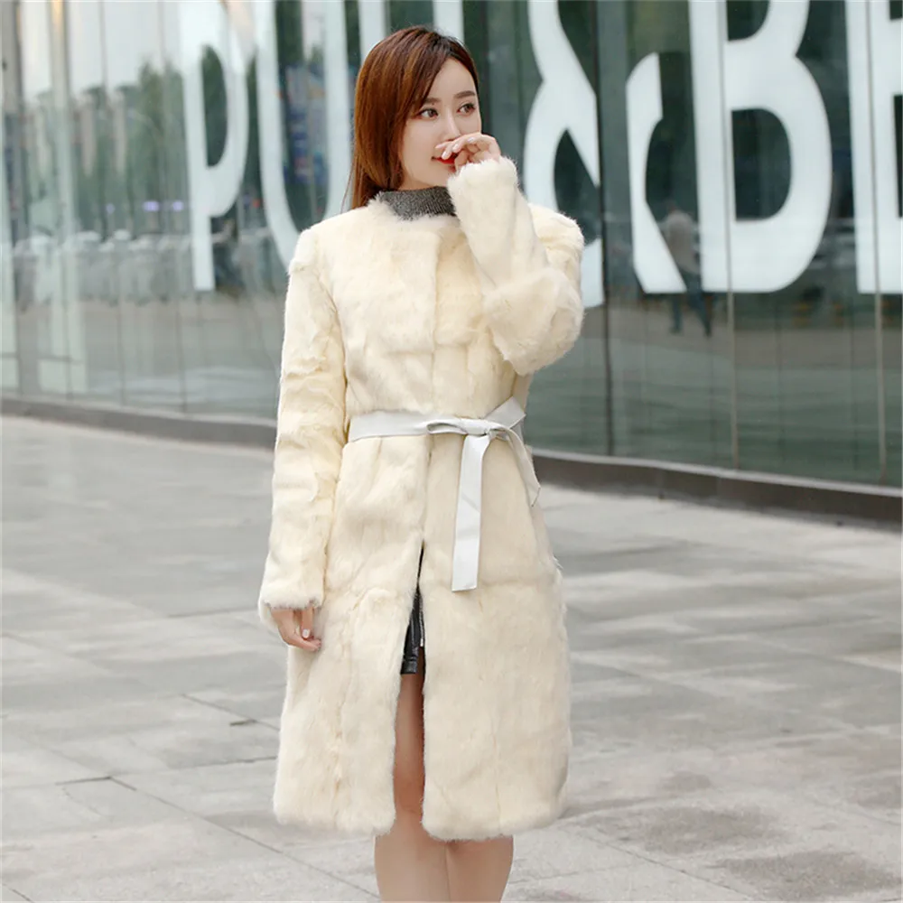 

Ethel Anderson Women's Real Rabbit Fur Coat Full Pelt Rabbit Fur Long Jacket O-Neck 87cm Mid-Thigh Length Knee Length