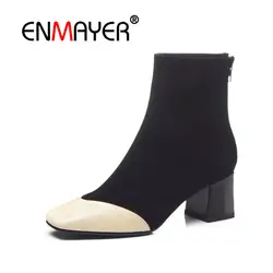 Enmayer/женские ботильоны, осенне-зимняя женская обувь с квадратным носком на толстом каблуке, черные модные Лоскутные ботинки на среднем