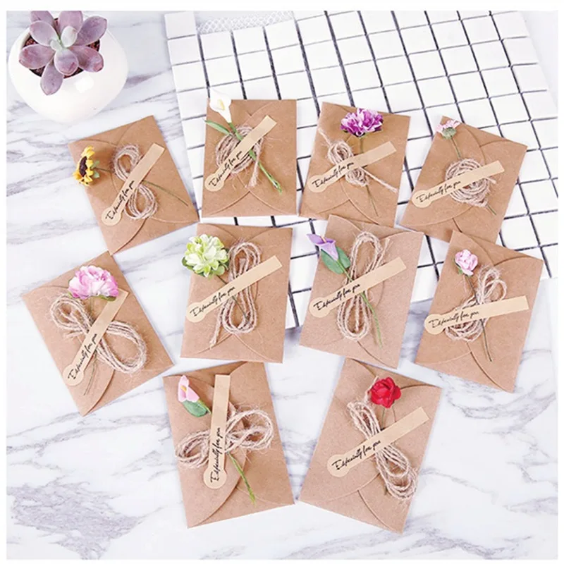  10pcs Handmade Dry Flower DIY Kraft Paper Invitation Greeting Card Inner Paper With Ribbon & Envelo - 32860496477