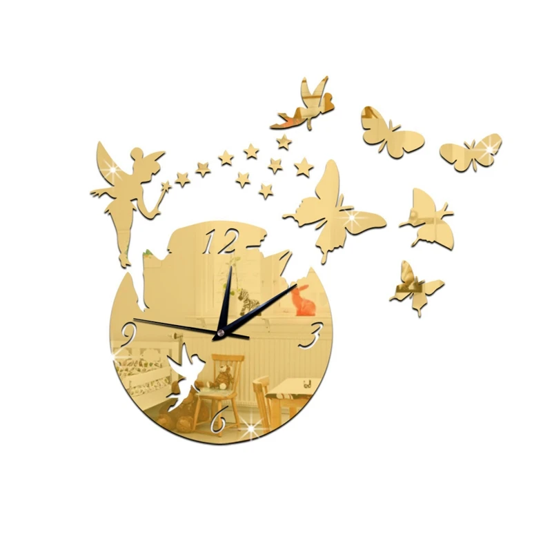 

Cartoon Fairy Butterfly 3D Mirror Surface Sticker DIY Wall Clock Home Decor Wall Clock Children Bedroom Living Room Decoration