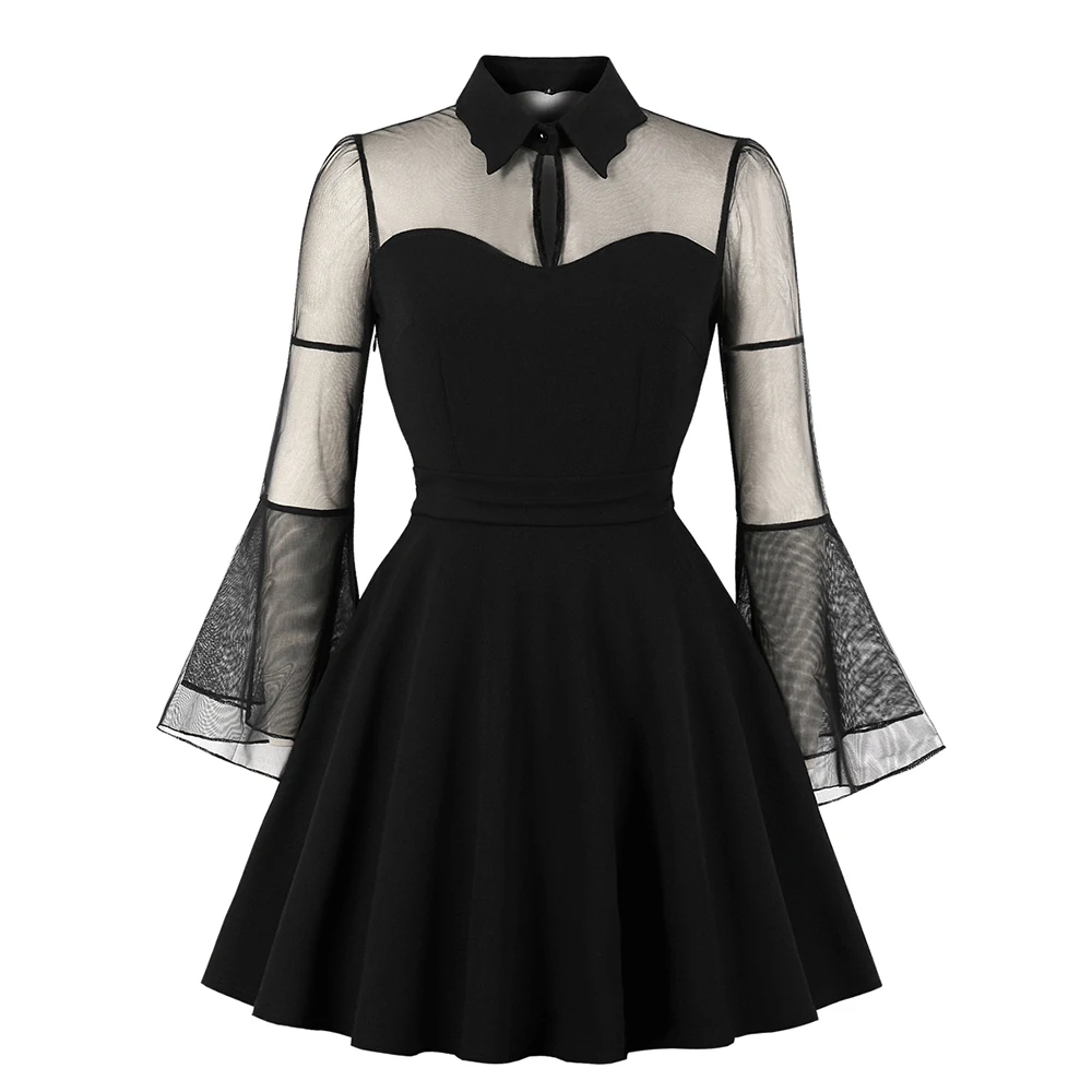 

Women Black Gothic Sexy Mini Dress Autumn Mesh Patchwork See-Through Flare Sleeve Dress Elegant Plus Size Party Goth Dresses