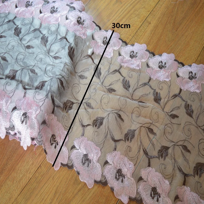 

Free shipping 1YD white mesh shiny silk pink floral Embroidery Hight quality lace fabrics embroidered lace trim 17021811