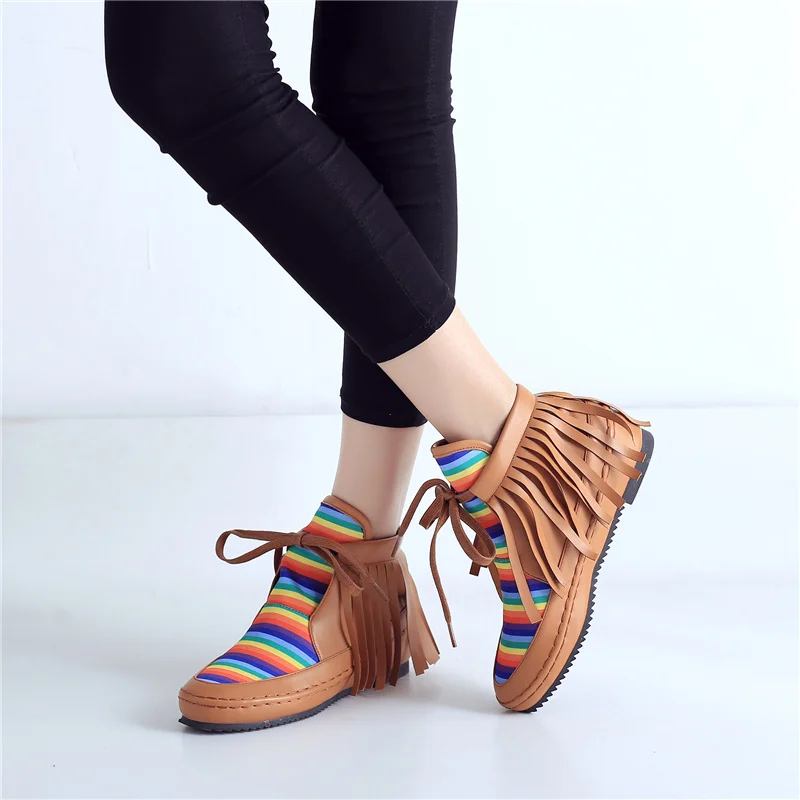 

2018 Plus Size Women 44 Ankle Fringe Boots Winter Rainbow Leather Plush Bootee Dress Short Boots Female Ladies Cute Brown Shoes