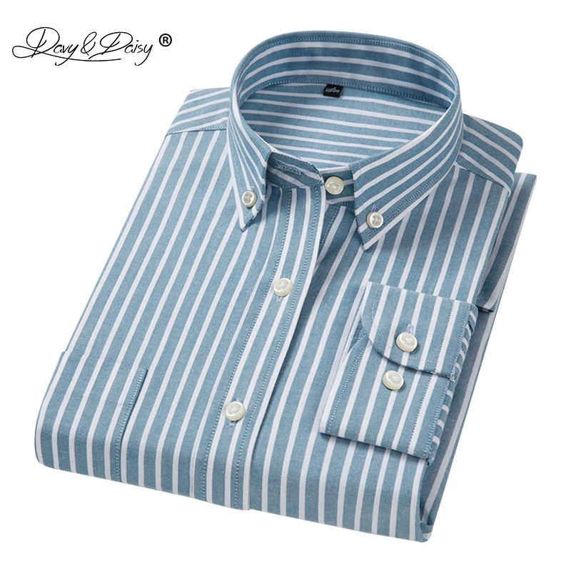 Achat DAVYDAISY 2018 Haute Qualité Coton Hommes Chemise Oxford À Manches Longues Classique Couleur Pleine Imprimé Chemises Décontractées À Rayures 11 Couleurs DS159