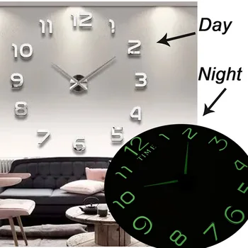 

New Luminous Wall Clocks Large Clock watch Horloge 3D DIY Acrylic Mirror Stickers Quartz Duvar Saat Klock Modern mute