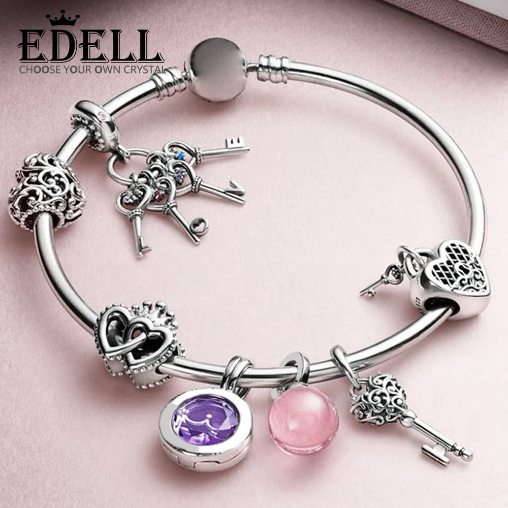 

EDELL 100% 925 Sterling Silver REGAL PATTERN HEART CHARM Interlocked Crown Hearts LOVE YOU LOCK Keys CHARM Good Bracelet Set