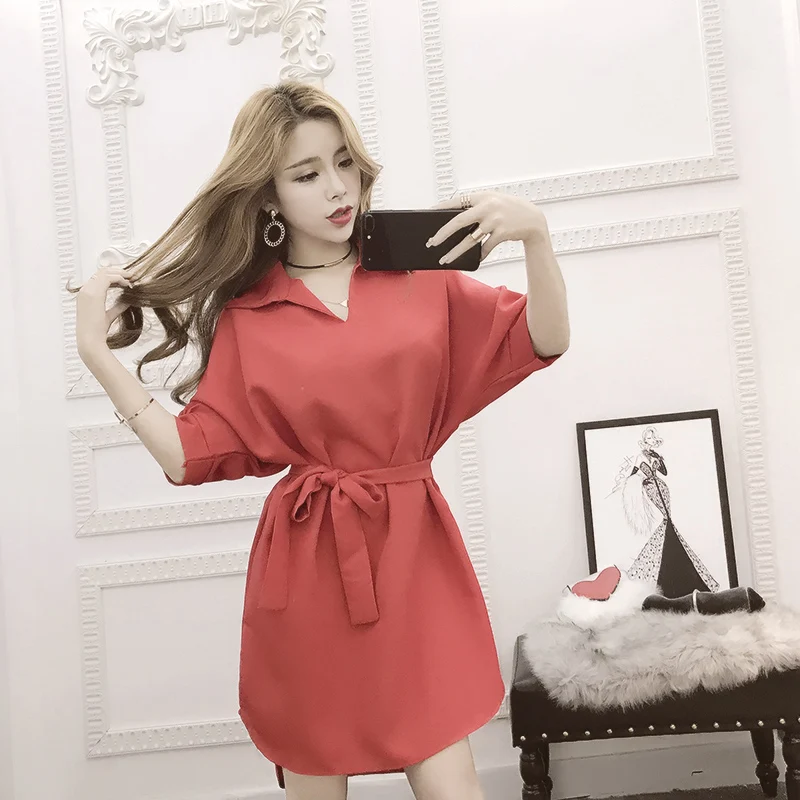 

Casual Shirt Women Spring Autumn Chiffon Dress Turn-down Collar Loose Bow Belt Shirt Batwing Short Sleeve Loose Dress