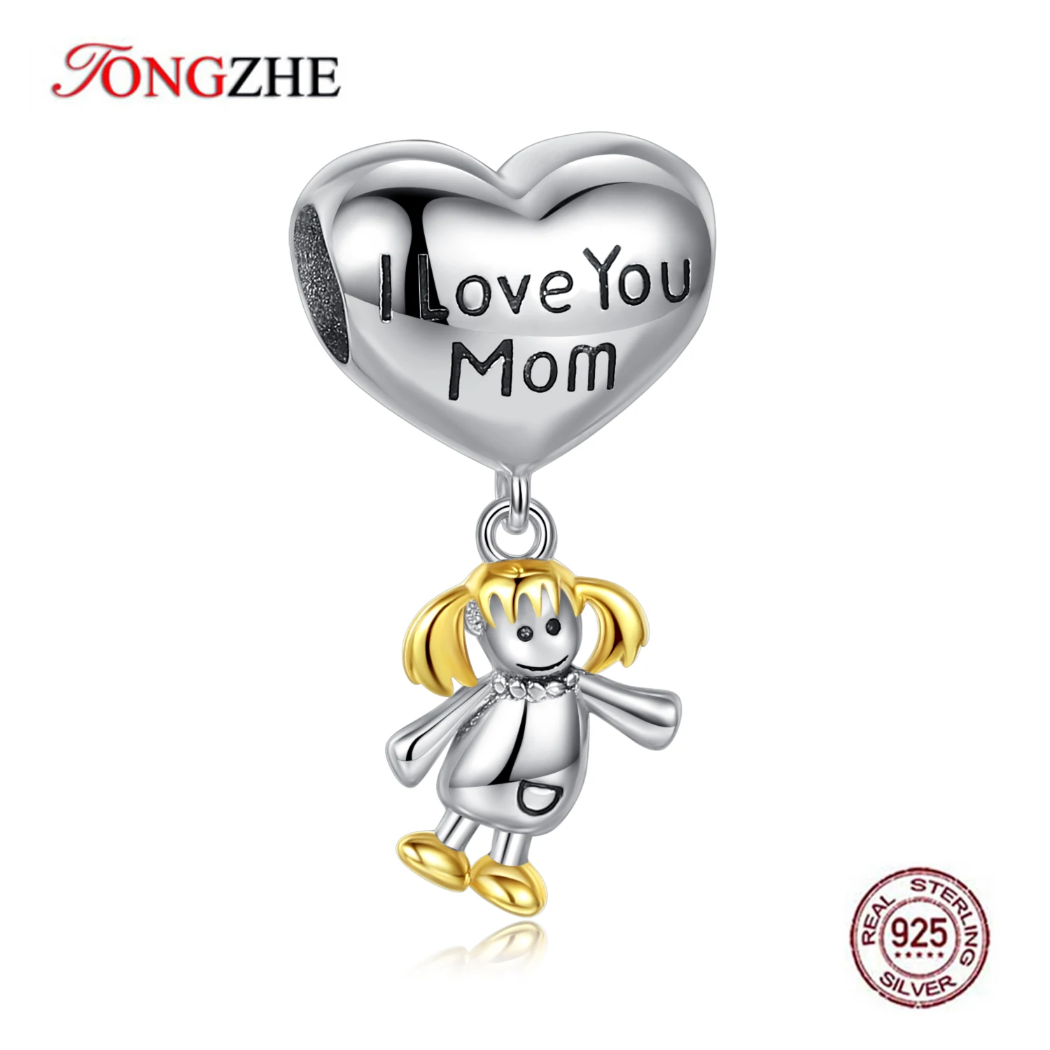 

TONGZHE Trendy 925 Sterling Silver Pendant Lovely Child Girl Charms for Jewelry Making Letter I Love Mom Fit Pandora Bracelet
