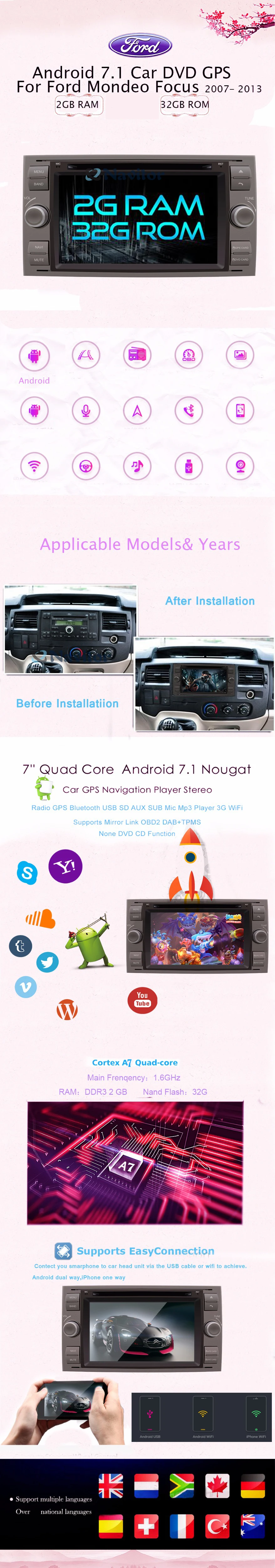 Cheap 2 Din Android 7.1 Car DVD GPS Navigation Autoradio for Ford Mondeo Focus Transit C-MAX S-MAX Fiesta 2GB RAM 32GB ROM 2