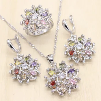 

Flower Women Silver Color Jewelry Sets Multicolor Purple Champagne Crystal Earrings Pendant Necklace Ring Sets for Gift