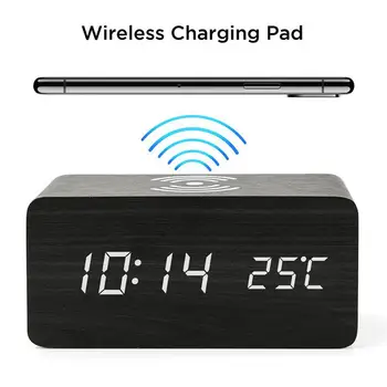 

Wooden Alarm Clock With Qi Wireless Charging Pad Compatible With For Iphone Samsung Wood Led Digital Clock Sound Control Funct