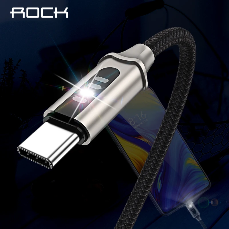 

Rock 3A Led USB Type C Cable For Xiaomi Huawei Samsung Auto Disconnect Fast Charging Data Sync Charger 1M Luminous Flash Light