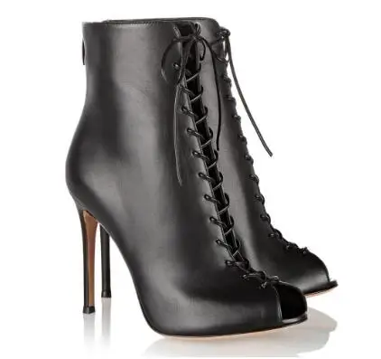 

Summer new woman black open toe high heel ankle boots Ladies spring and fall peep toe super high thin heel lace-up shoes