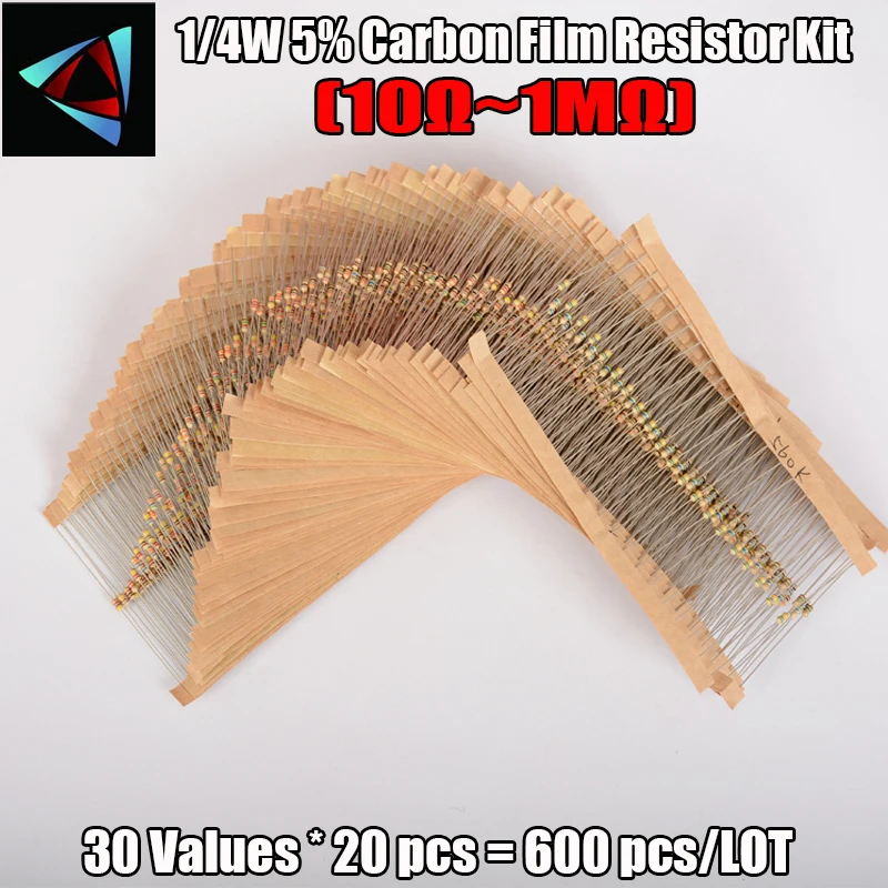 

600pcs/set 30 Kinds 1/4W Resistance 5% Carbon Film Resistor Pack Assorted Kit 1K 10K 100K 220ohm 1M Resistors 300pcs/set