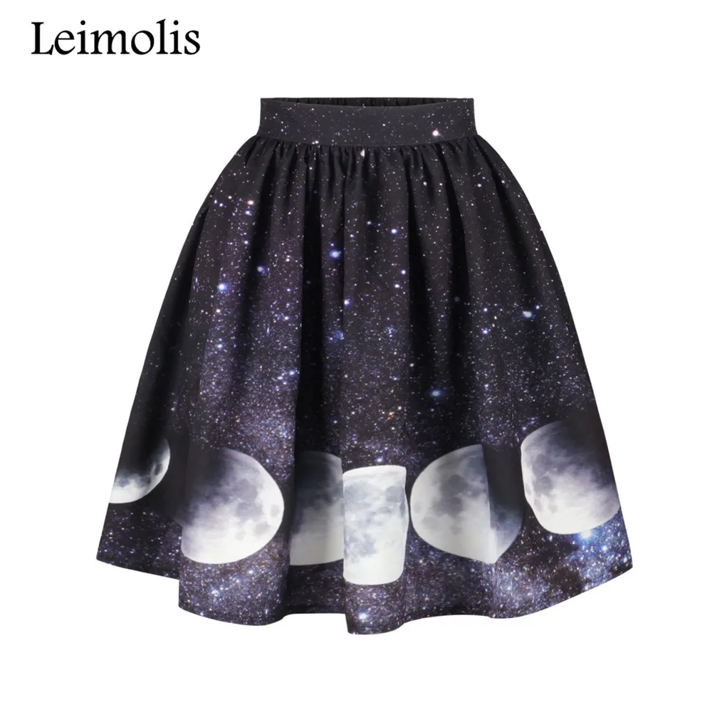 

Leimolis 2017 Autumn 3D print galaxy stars moon night sky dot skater sexy pleated lolita high waist long skirt womens a-line