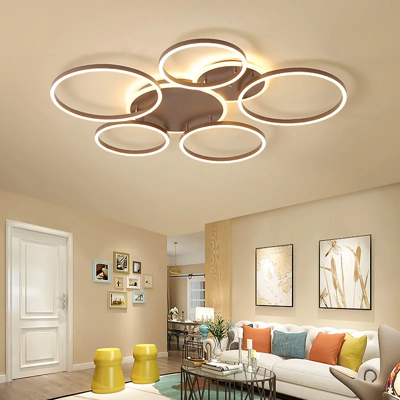 Креативное кольцо, современная светодиодная Люстра для гостиной, спальни, кабинета, дистанционное управление, затемнение, алюминиевая коричневая Потолочная люстра, лампы