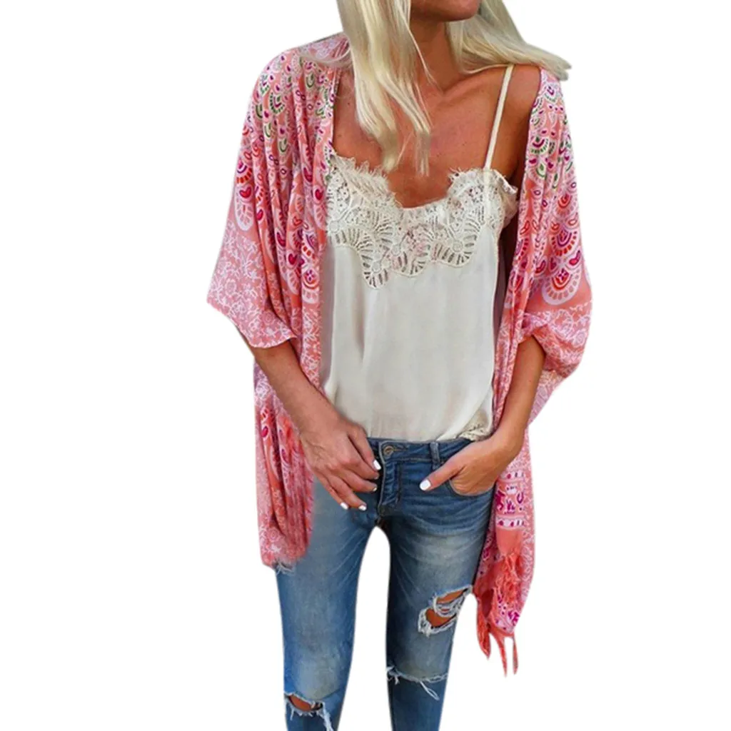 Womail Boho Vintage Women Floral Loose Shawl Kimono Cardigan Chiffon Pink Coat Jacket Blouse Loose fit silhouette Top w30507