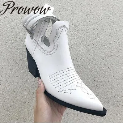 AS PIC Prowow New Genuine Leather Sexy Pointed Toe Women Boots Cowboy Thick Heel Boots Punk Boots Shoes Women - Цвет: AS PIC