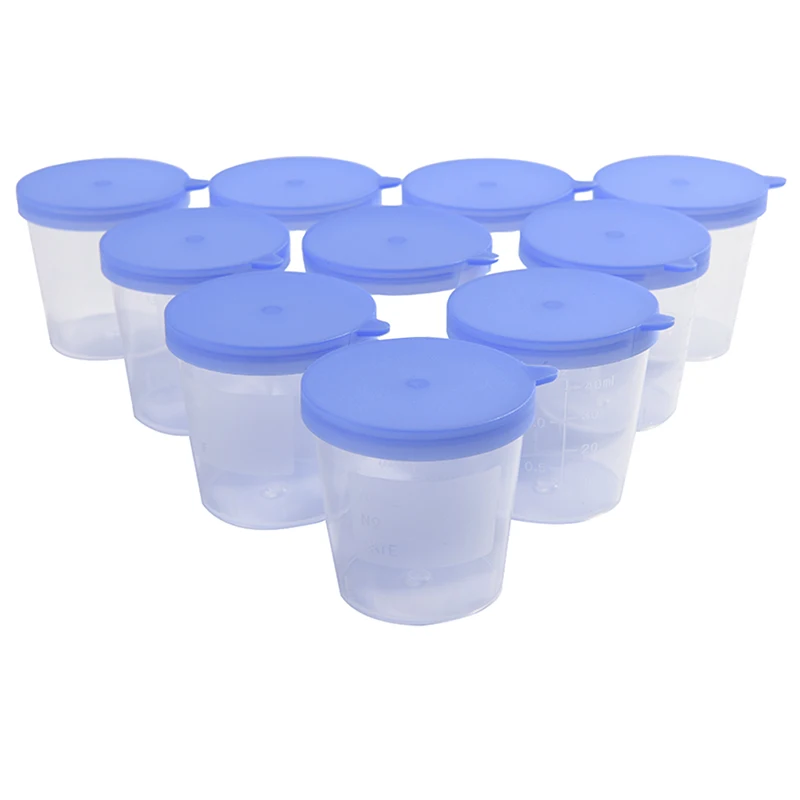 

10 PCS Urine Container Specimen Cup Sample Bottle 40ML Vol Molded Graduation ML And Oz PP EO Sterile Blue Cap Plastic Cup