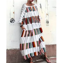 2019 New Women Long Maxi Dress Ladies Casual Long Sleeve Block Color Striped Print Loose Party Dress Vestidos casual striped color block dress