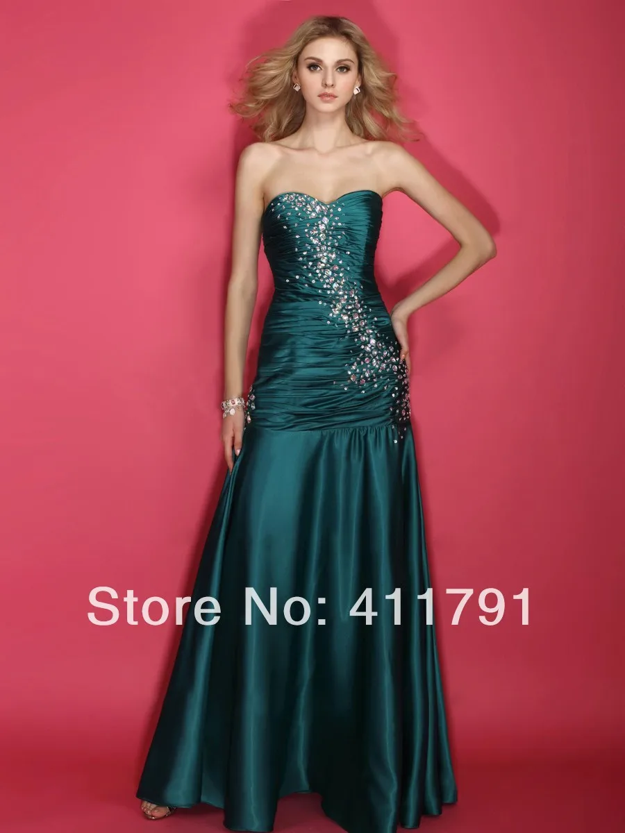 bridal Dresses Can Be Customized New Dark Green and ground long section Strapless Satin Beaded Sexy Evening Toast Dress | Свадьбы и