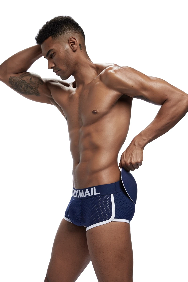 JOCKMAIL, сексуальное мужское нижнее белье, боксеры, мужское нижнее белье с дышащей сеткой, съемные две накладки на ягодицы и одна Передняя накладка