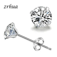 ZRHUA 925 пробы Щепка Модные украшения 3/4/5/6 мм круглый 4 коготь кубический цирконий AAA блестящими камнями, серьги со шпилькой, для Для женщин подарок для девочек