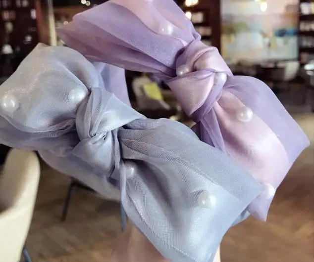 Фиолетовые кружевные повязки на голову с бантом, женские двухслойные повязки на голову с бантом, завязанная повязка на волосы для взрослых, боковая повязка на голову с бантом и жемчугом, повязка на голову для девочек