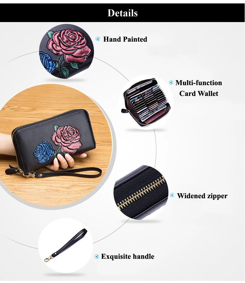 Lomelobo Long Hand Painted Card Wallet Lady Split Leather Rose Flowers Women Purse Girl Business RFID Credit Card Holder HPLA105 Details (03)