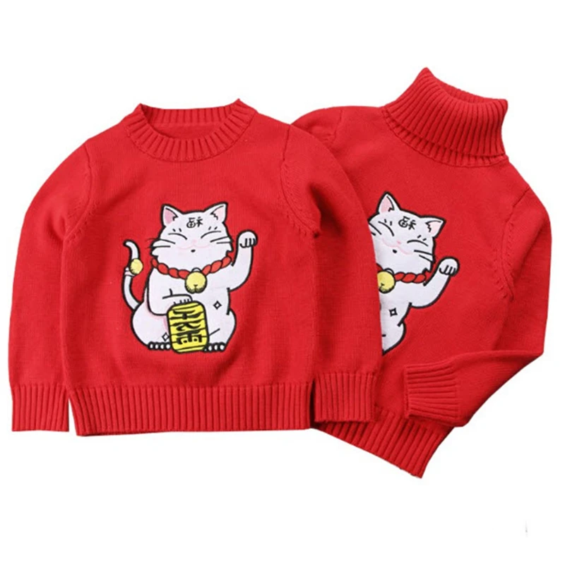 

Mother Kids New Year Sweaters Ins Red Knitted Pullovers Lucky Cat Print Mom Daughter Son Family Matching Outfits GW106