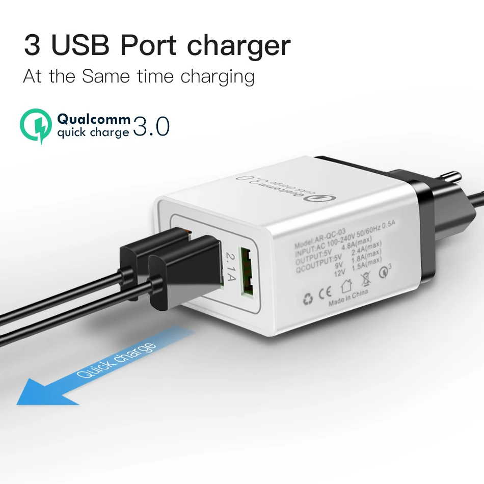 ACCEZZ 18 Вт Универсальный 3USB Quick Charge 3,0 для iPhone X 7 8 samsung Xiaomi huawei EU Plug мобильный телефон быстрое зарядное устройство для путешествий