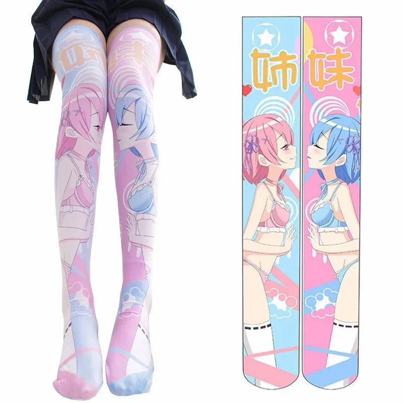 

Lolita Over-knee Socks Anime RE: Zero Starting Life Ram Rem Cosplay Costume Cartoon Printed Gothic Style Velvet Long Socks