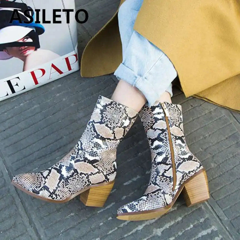 

ASILETO Genuine leather snake boots for women Block mid Heel Boots snake pattern winter boots zipper pointed toe bottes booties