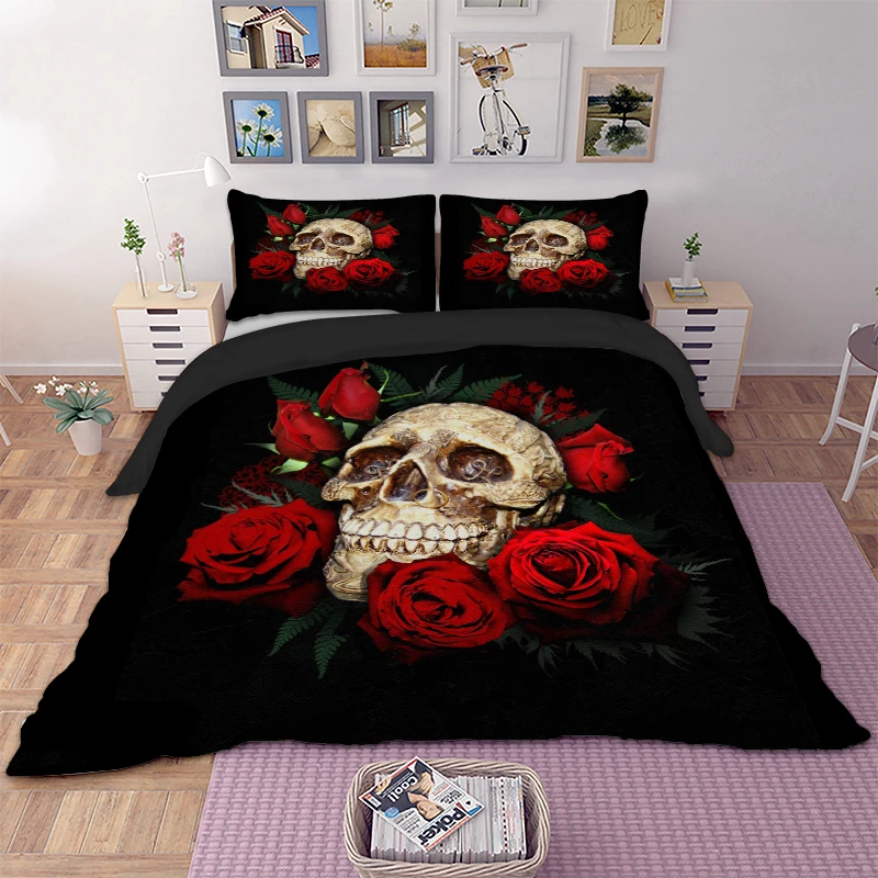 

3D Rose Skull Duvet Cover Set 3pcs Single Double Queen King Bedclothes Bedding