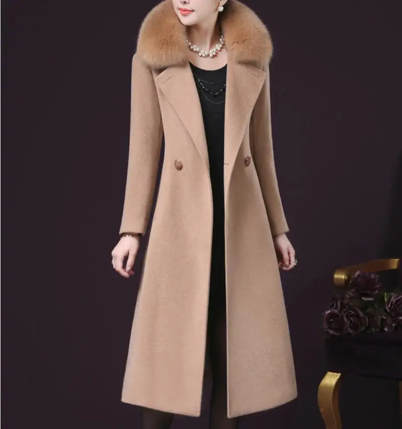 Высококачественное Женское шерстяное пальто, большой меховой воротник, длинный рукав, тонкая Длинная Верхняя одежда, роскошный элегантный офисный Блейзер, ветронепроницаемые пальто