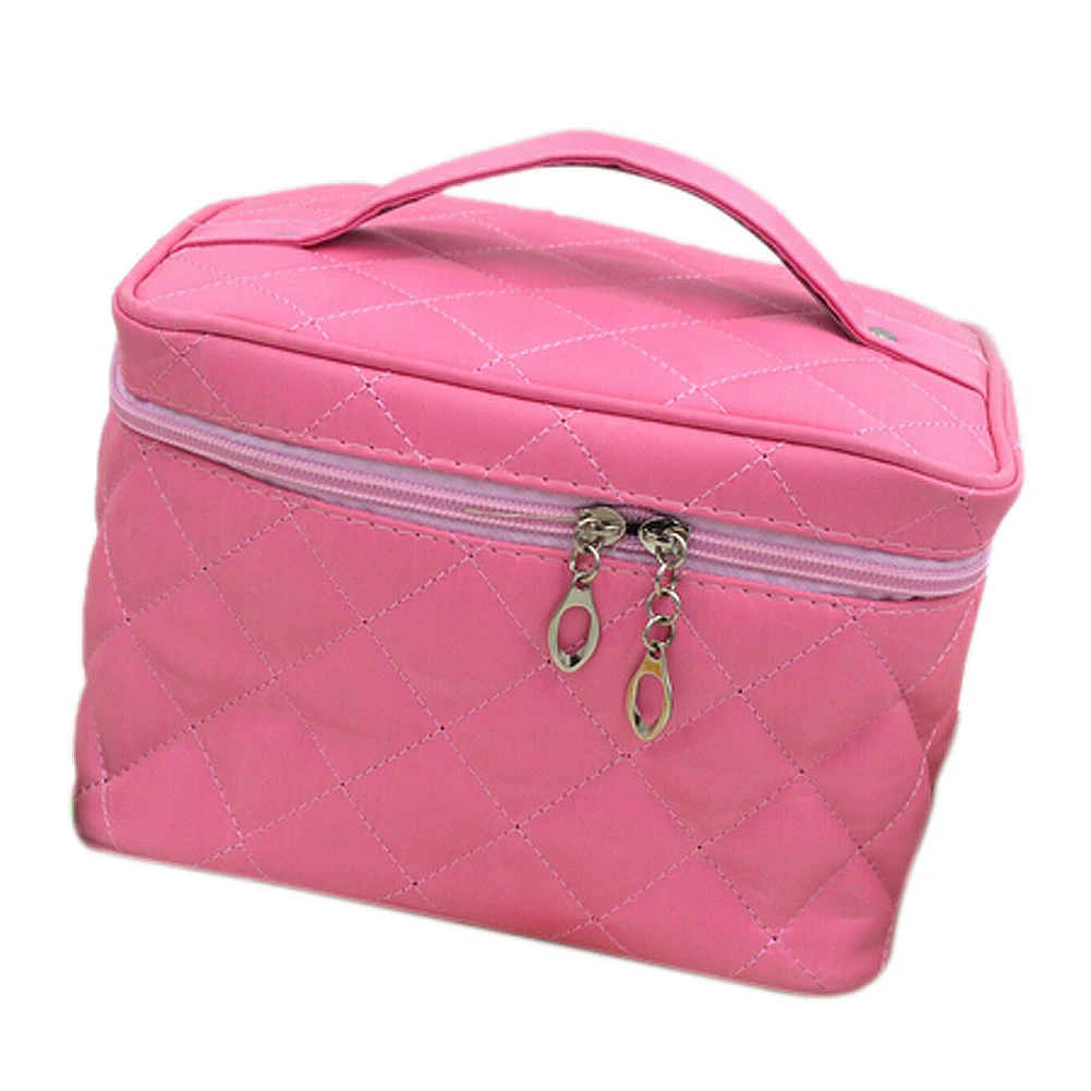 New Zipper Cosmetic Storage Make up Bag Handle Train Case Purse S pink
