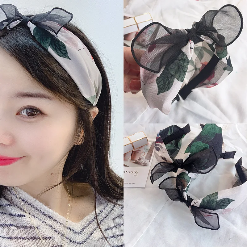 

Korea Lace Chiffon Print Knot Black Bow Hairbands Diamond Hair Accessories Hairband Flower Crown Headbands For Women 4
