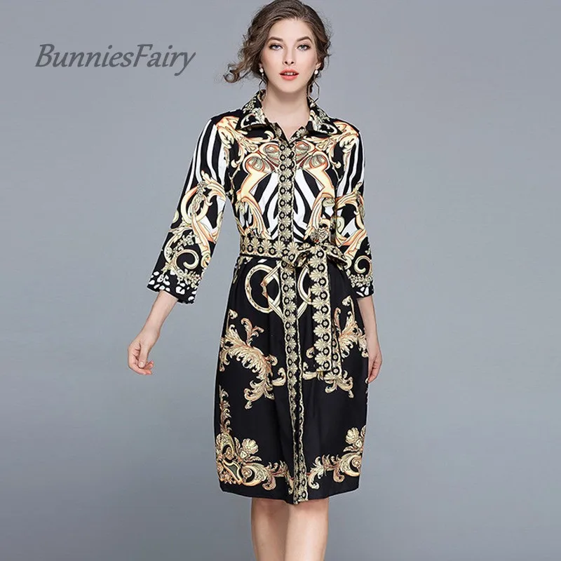 BunniesFairy 2017 Autumn European and American Style Retro Geometric Print Belted Slim Waist Dress Female Robe Vestidos De Festa | Женская