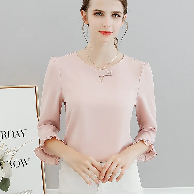 Женская Повседневная шифоновая блузка с оборками на рукавах, лето, корейская мода, белые рубашки, тонкая уличная одежда, элегантные весенние женские топы - Цвет: C781RX-pink